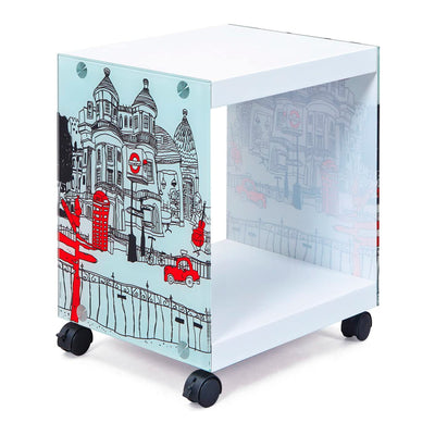 London - Tavolino comodino moderno con ruote in legno e vetro serigrafato cm 38x33,5x46h
