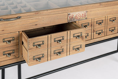Tavolino espositore stile industriale in metallo e legno con cassetti e ruote cm 120x58x60h