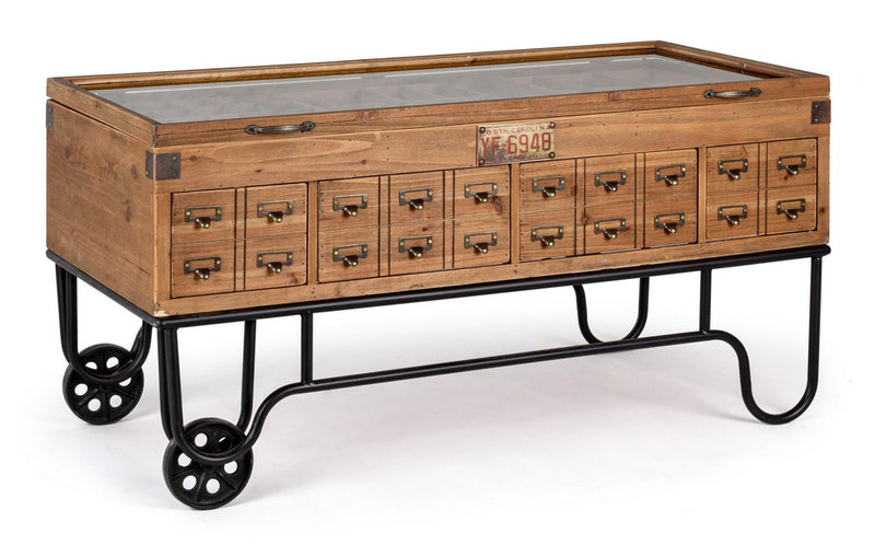 Tavolino espositore stile industriale in metallo e legno con cassetti e ruote cm 120x58x60h