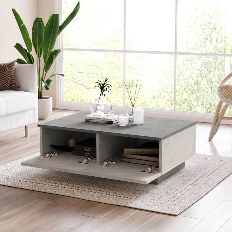 Tavolino basso da salotto in stile moderno con tue ante a ribalta in legno color argento chiaro opaco e antracite chiaro opaco