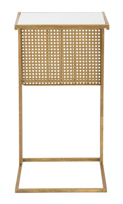 Tavolino angolare da salotto con portariviste in metallo dorato piano effetto marmo cm 46x35x65h