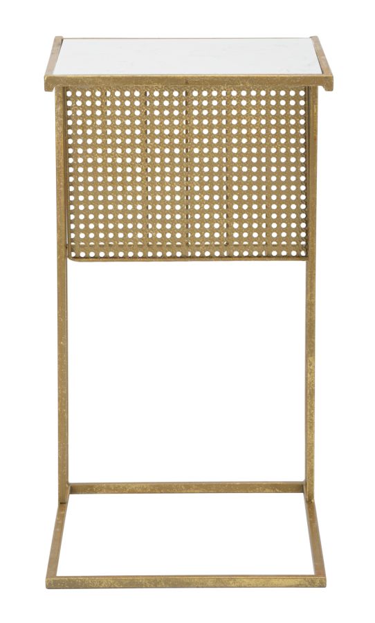 Tavolino angolare da salotto con portariviste in metallo dorato piano effetto marmo cm 46x35x65h