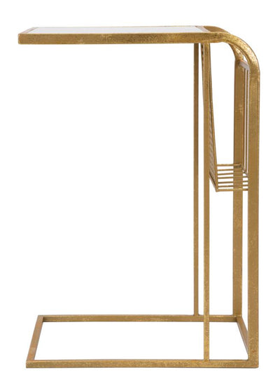 Tavolino angolare da salotto con portariviste in metallo dorato piano effetto marmo cm 46x35x65h