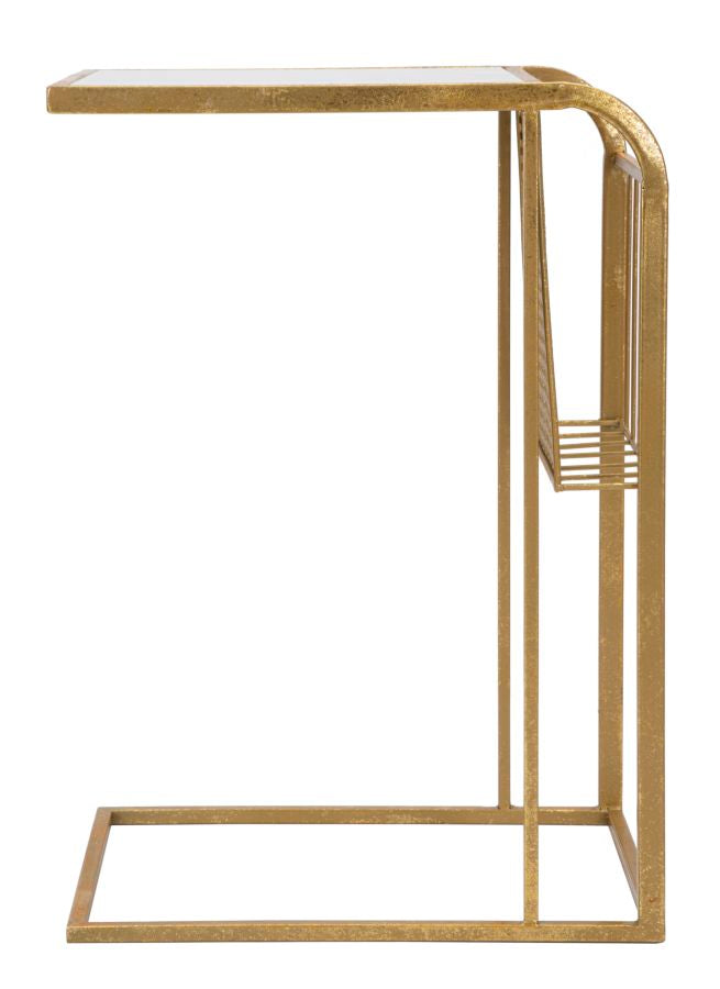 Tavolino angolare da salotto con portariviste in metallo dorato piano effetto marmo cm 46x35x65h