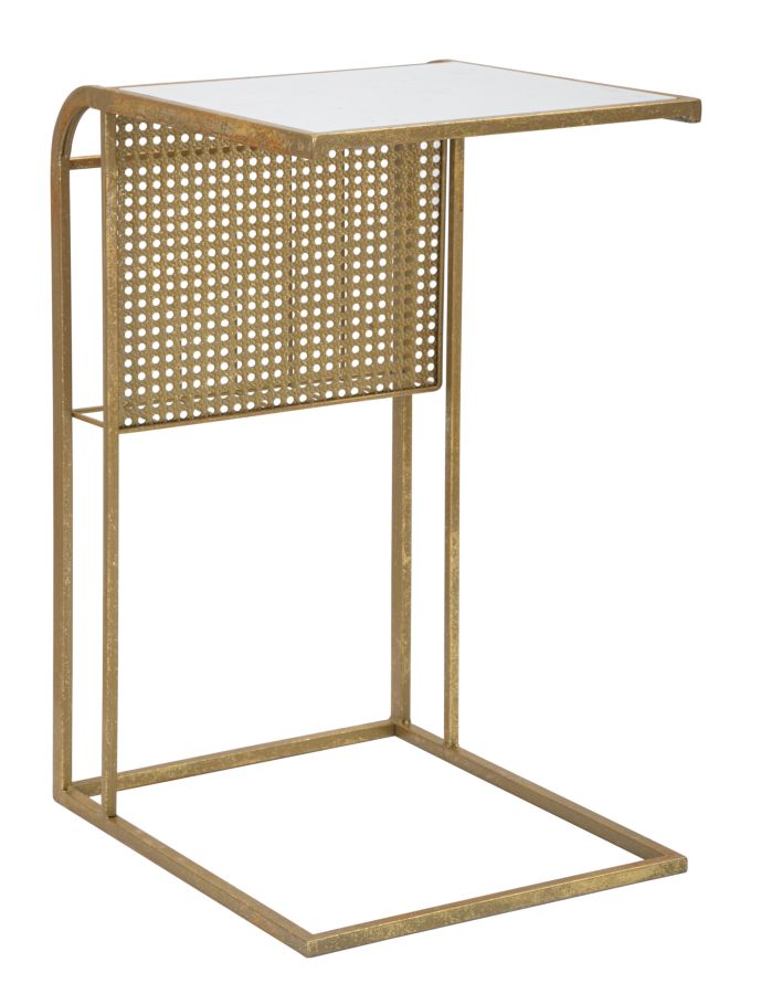 Tavolino angolare da salotto con portariviste in metallo dorato piano effetto marmo cm 46x35x65h