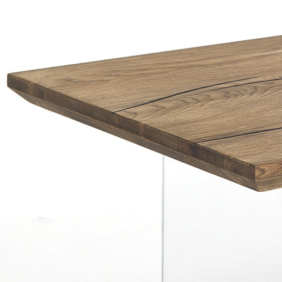 Tavolino da salotto basso con piano in legno massello e gambe in vetro cm 110x55x38h
