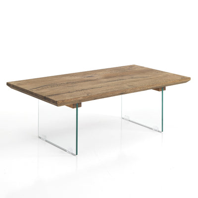 Tavolino da salotto basso con piano in legno massello e gambe in vetro cm 110x55x38h