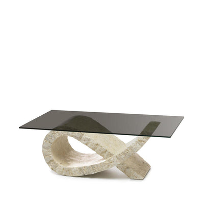 tavolino moderno in pietra fossile piano in vetro bronzo