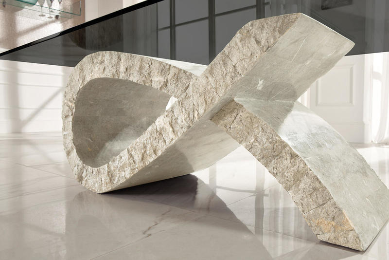 tavolino moderno in pietra fossile piano in vetro fumè