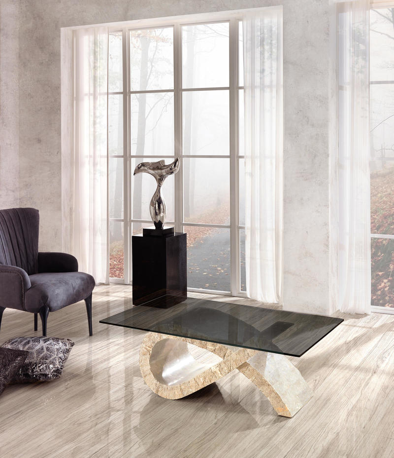 tavolino moderno in pietra fossile piano in vetro fumè