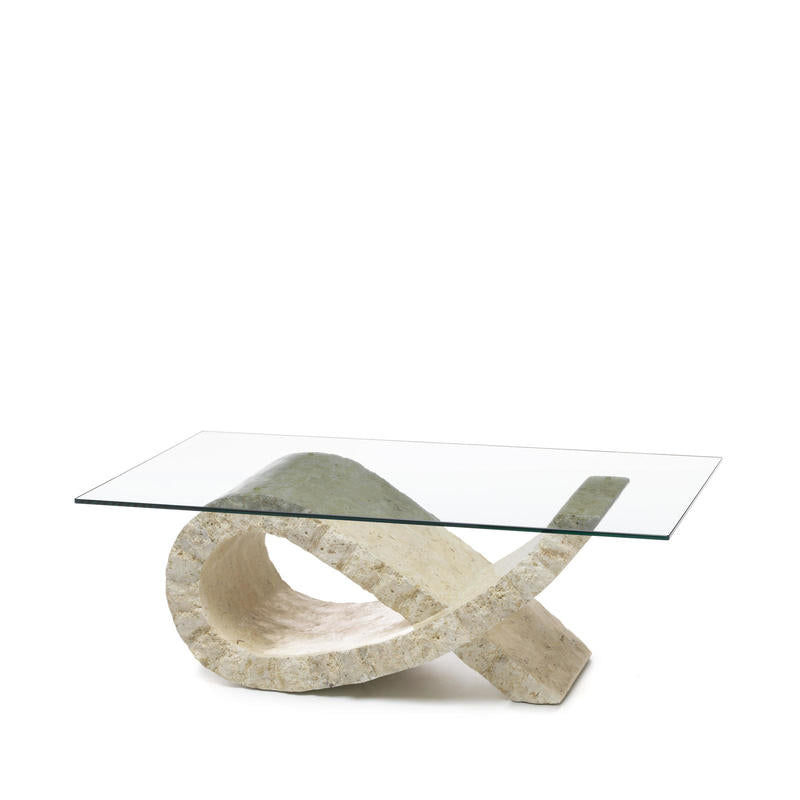 tavolino moderno in pietra fossile piano in vetro trasparente