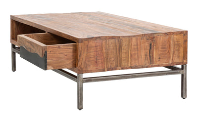 tavolino da salotto basso industriale in legno di acacia e metallo
