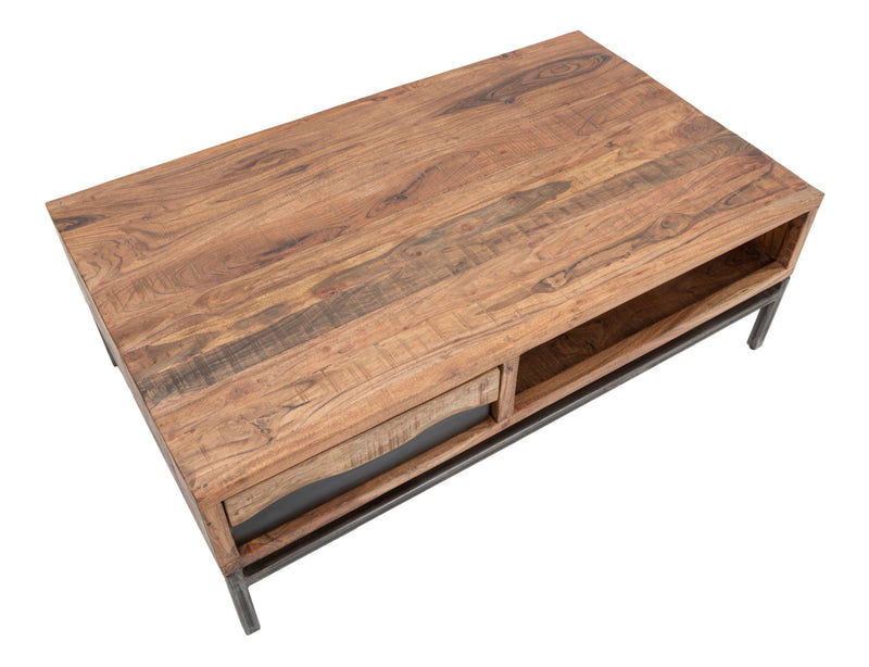 tavolino da salotto basso industriale in legno di acacia e metallo