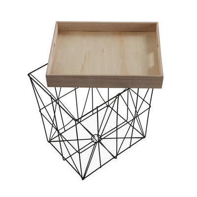 Tavolino da salotto contenitore in metallo piano a vassoio in legno cm 41x32x47h