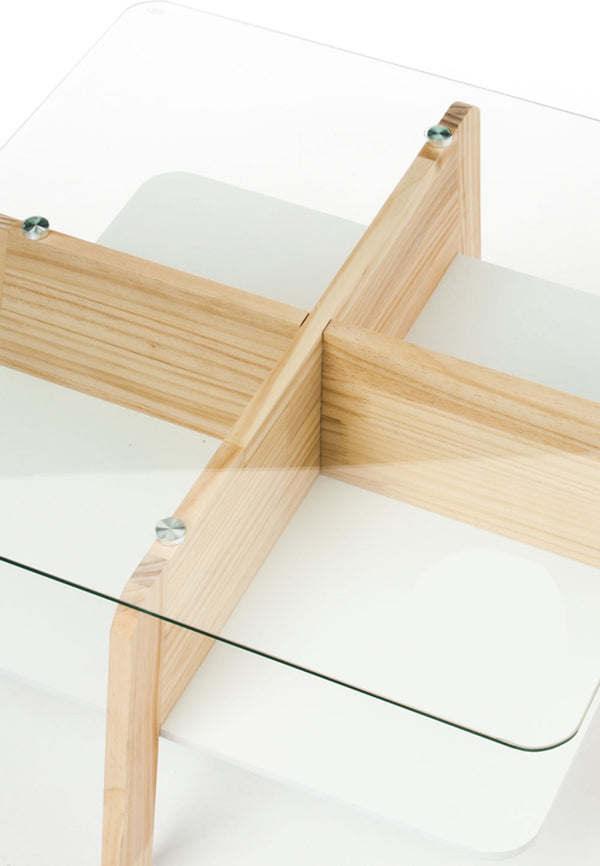 Tavolino da salotto basso moderno in legno e vetro trasparente con ripiano cm 60x60x30h