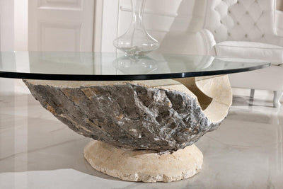 Tavolino da salotto basso base pietra fossile piano in vetro cm 124x80x40h - vari colori