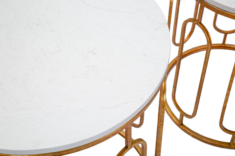 Set da 2 tavolino basso rotondo in metallo colore oro piano effetto marmo