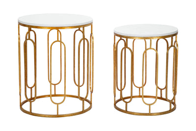 Set da 2 tavolino basso rotondo in metallo colore oro piano effetto marmo
