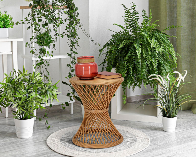 Tavolino basso rotondo da salotto in rattan cm 48x56h