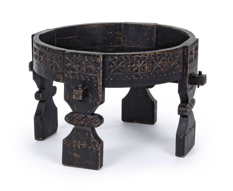 Tavolino da salotto stile etnico in legno di mango nero decorazioni incise cm Ø 50x35h