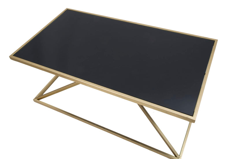 Tavolino da salotto basso in metallo dorato e piano in vetro nero cm 110x60x45h