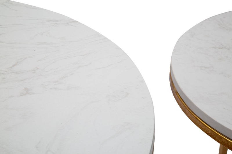 Set da 2 tavolino da salotto tondo in metallo piano effetto marmo