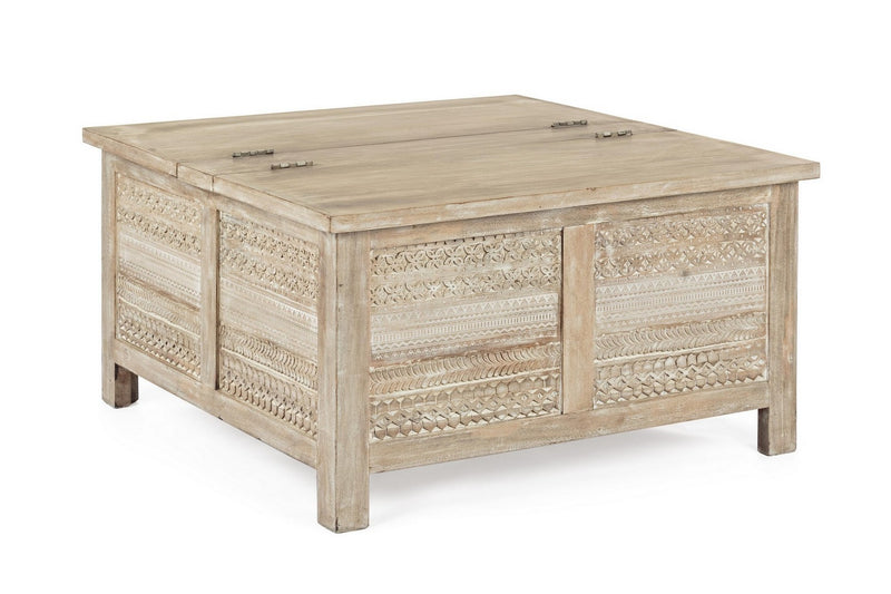Tavolino da salotto contenitore in legno di mango con decorazioni cm 80x80x45h