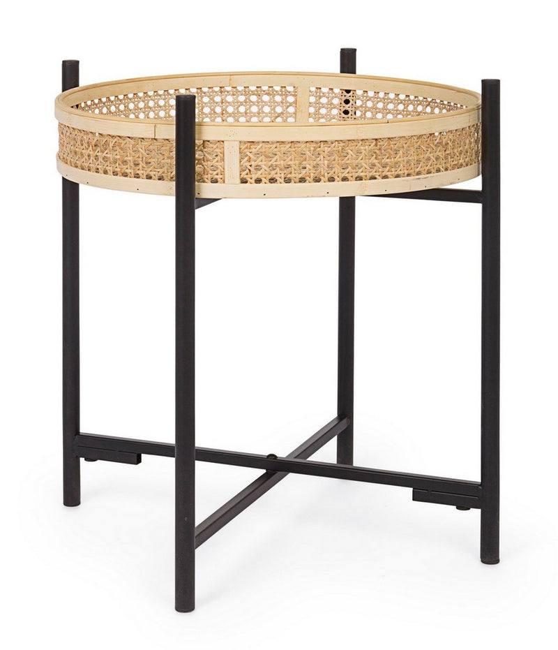 Tavolino tondo basso struttura in metallo e piano in legno e rattan cm Ø 50x52h