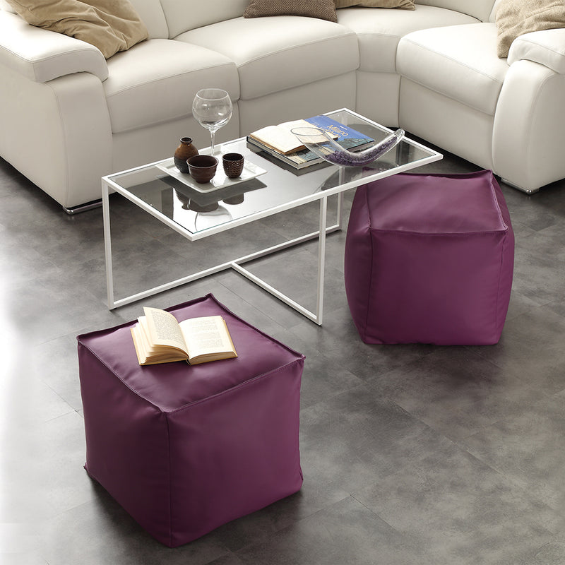 Tavolino da salotto in metallo e vetro con due pouf in ecopelle cm 100x50x43h - vari colori