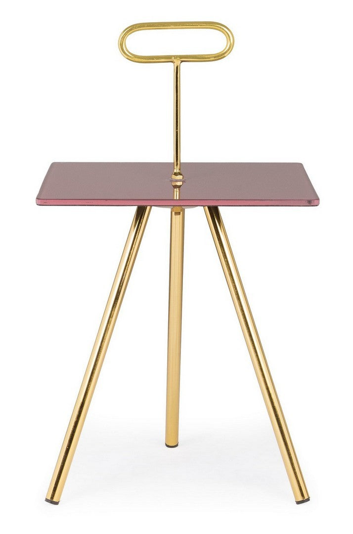 tavolino da salotto gambe in metallo ottone piano in vetro rosa