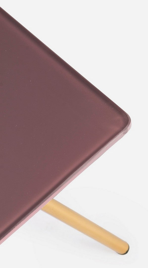 tavolino da salotto gambe in metallo ottone piano in vetro rosa