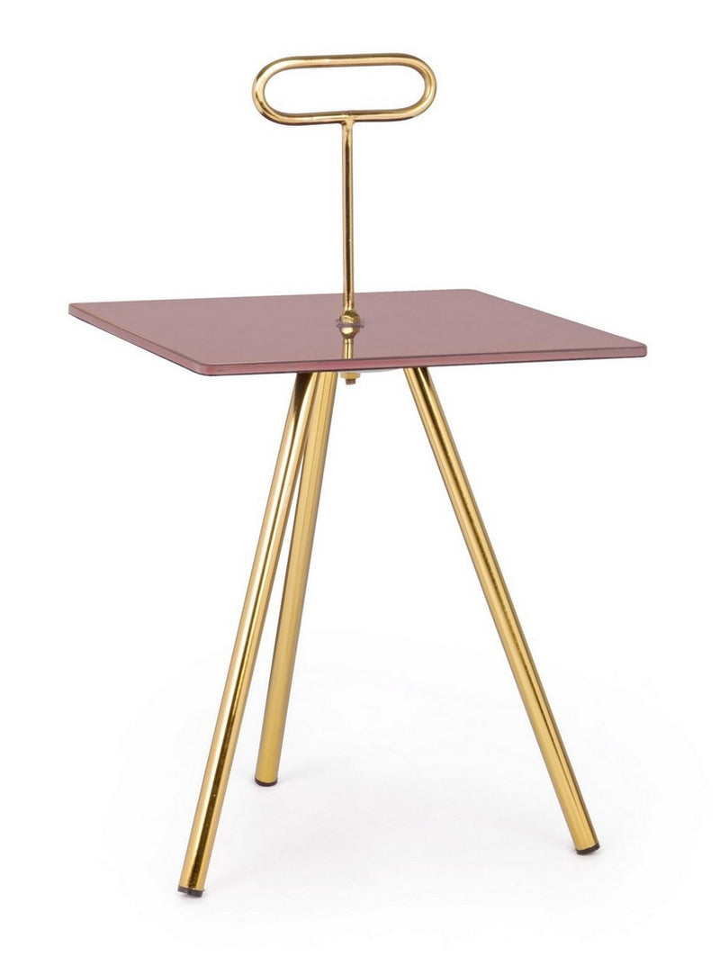 tavolino da salotto gambe in metallo ottone piano in vetro rosa
