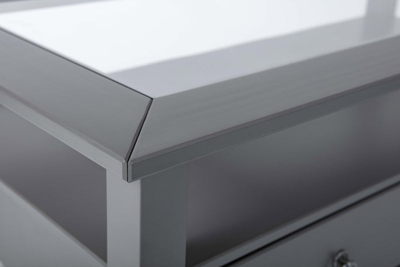 tavolino da salotto basso in legno grigio con top in vetro