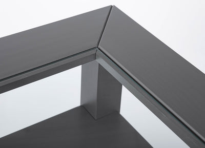 	 tavolino da salotto basso in legno grigio con top in vetro