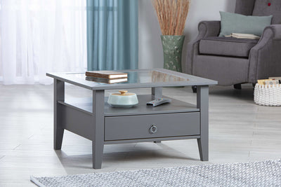 	 tavolino da salotto basso in legno grigio con top in vetro