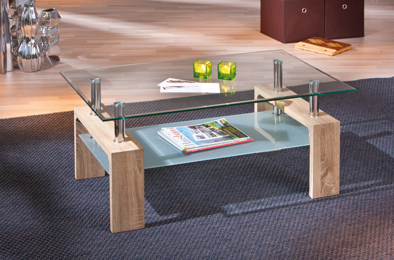 Abel - Tavolino da salotto basso moderno in legno e vetro cm 100x60x45h