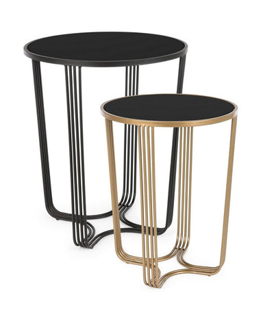 Set da 2 Tavolino da salotto rotondo in metallo e vetro colore nero e oro