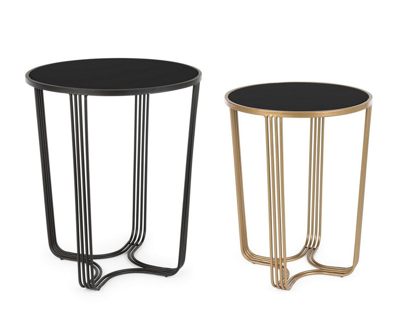 Set da 2 Tavolino da salotto rotondo in metallo e vetro colore nero e oro