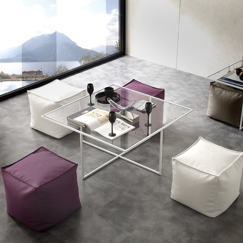 Tavolino basso da salotto moderno con 4 pouf in metallo e vetro cm 100x100x43h - vari colori