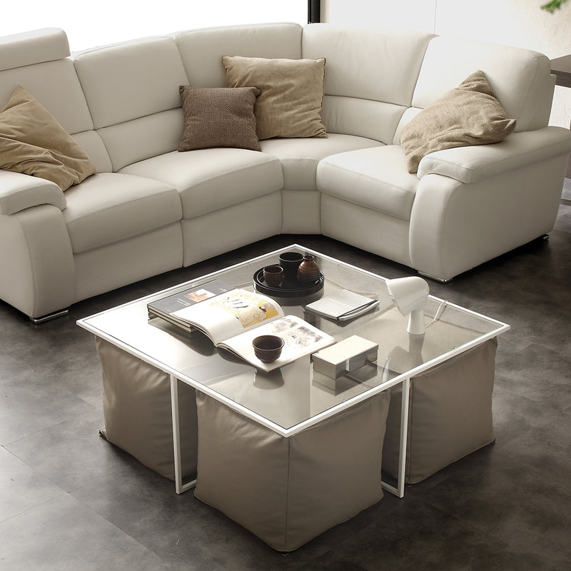 Tavolino basso da salotto moderno con 4 pouf in metallo e vetro cm 100x100x43h - vari colori