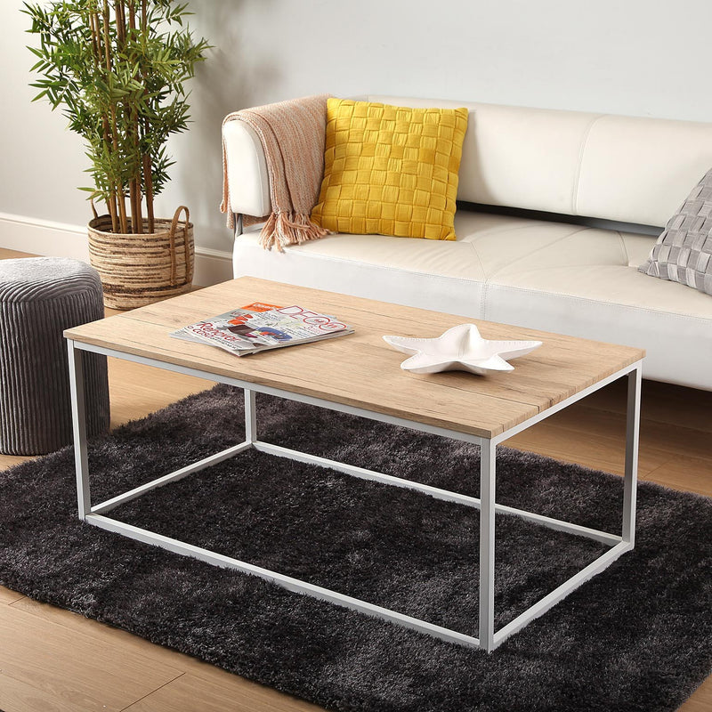 Tavolino da salotto basso industrial in metallo bianco piano in legno cm 110x60x46h