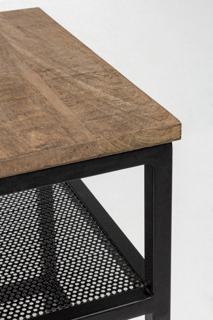 Tavolino da salotto quadrato in metallo nero piano in legno di mango cm 43x43x60h