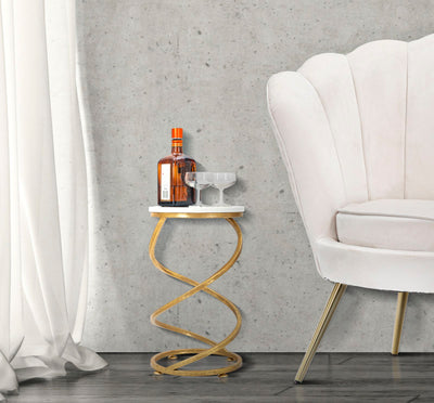 Tavolino design tondo struttura a spirale in metallo dorato piano effetto marmo cm Ø 27x47h