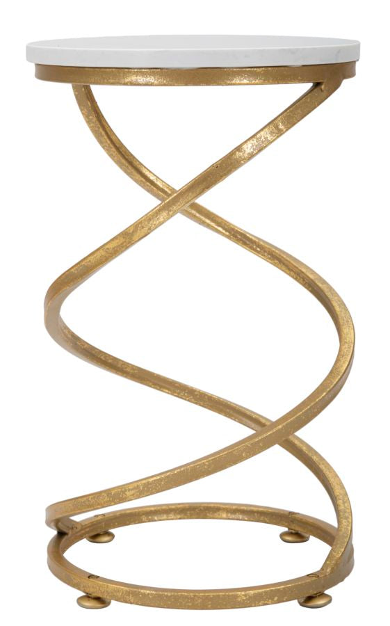 Tavolino design tondo struttura a spirale in metallo dorato piano effetto marmo cm Ø 27x47h