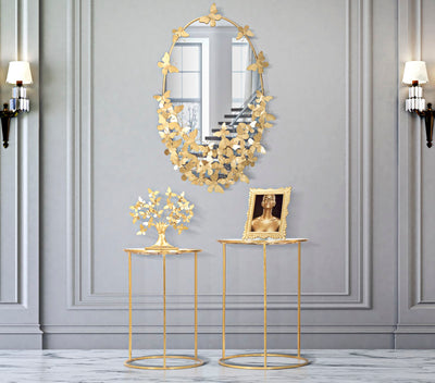 Set da 2 Tavolino da salotto in metallo dorato piano in vetro con farfalle