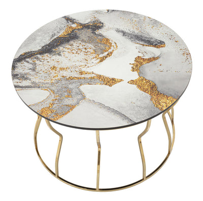 Tavolino da caffè moderno base dorata piano in legno con decorazione astratta cm Ø 70x43h