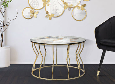Tavolino da caffè moderno base dorata piano in legno con decorazione astratta cm Ø 70x43h