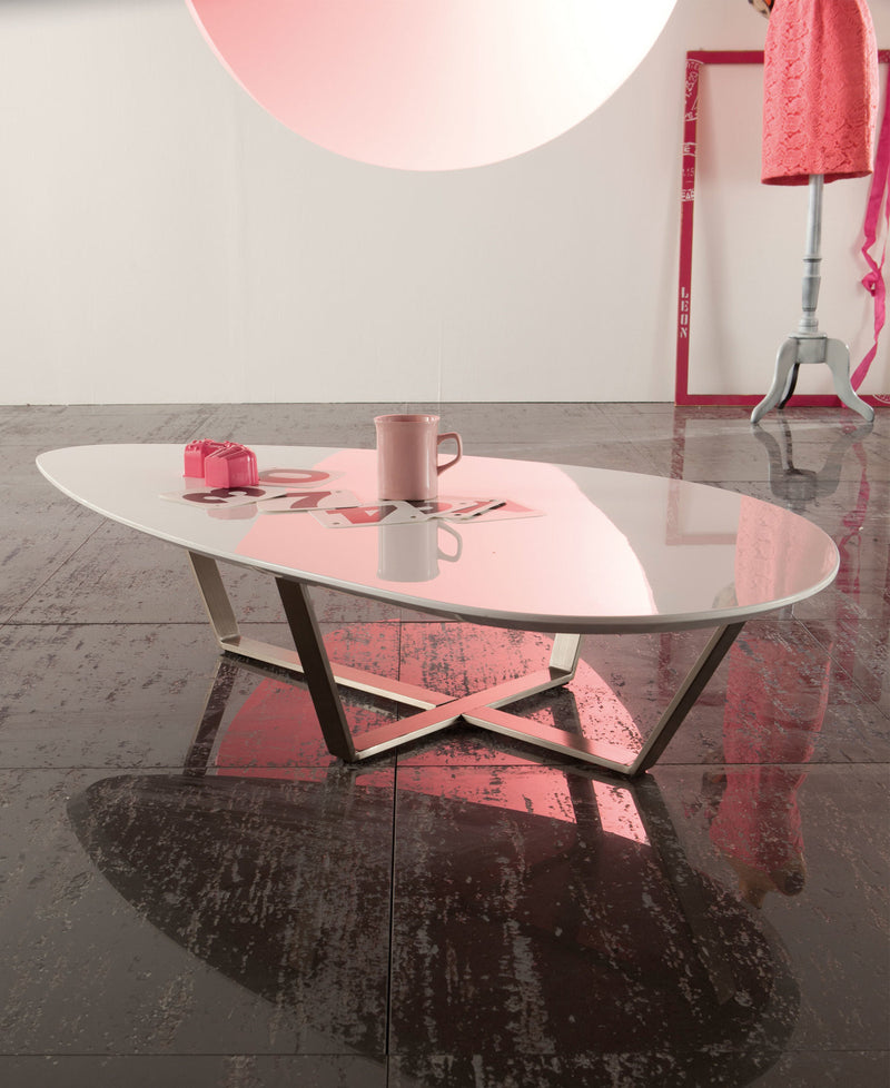 Tavolino moderno da salotto base in metallo top in mdf colore bianco lucido