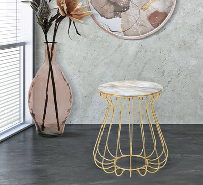 Tavolino design rotondo base in metallo colore oro piano in vetro colorato cm Ø 48x52h