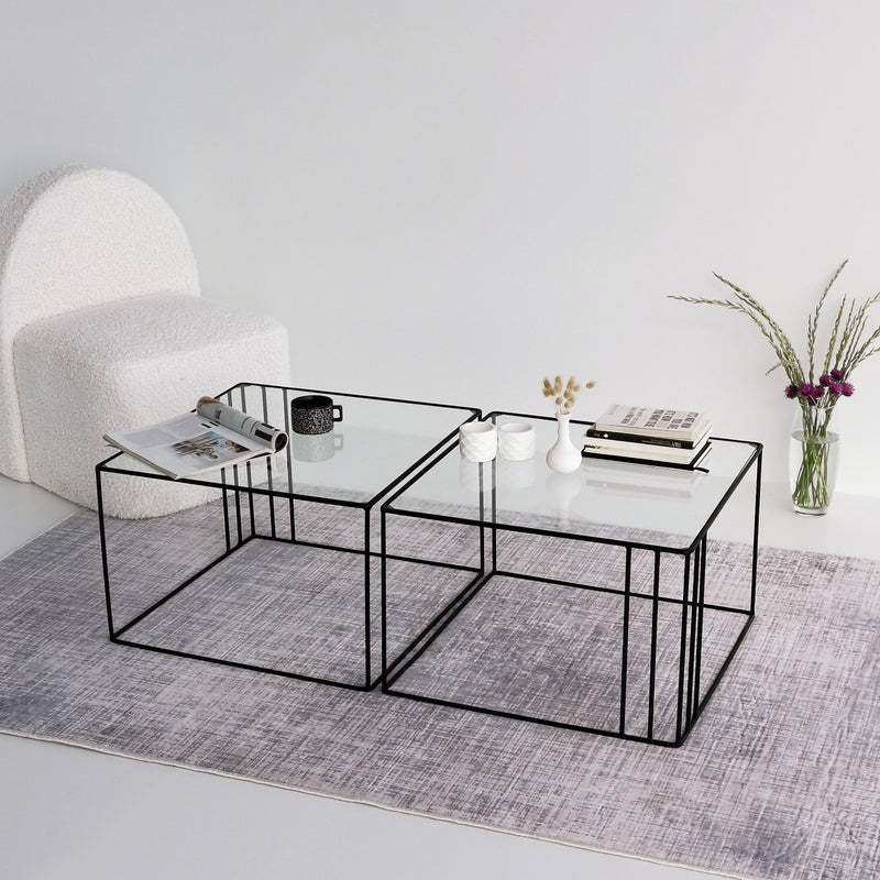 Tavolino basso design da salotto forma cubica in metallo e vetro cm 55x55x36h